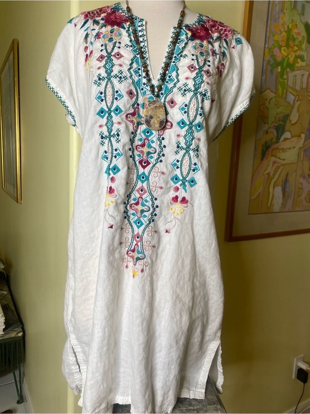 Johnny Was Embroidered linen dress Ivory with Teal & Pink Accents